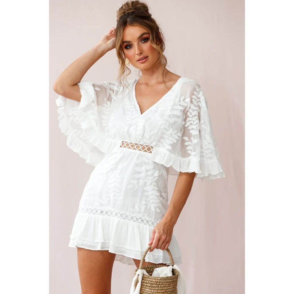 Selfie Leslie Caspar Leafy Embroidered Dress White Size XS Bohemian Romantic